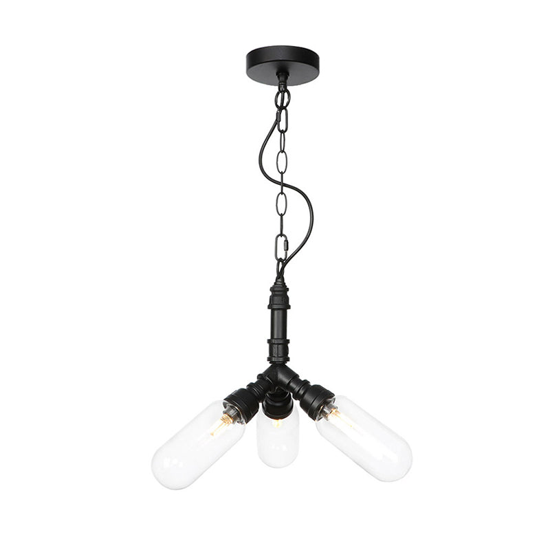 Elisa - Vintage Vintage Water Pipe Chandelier Pendant Light 2/3/4-Light Iron LED Hanging Ceiling Lamp in Black with Capsule Clear Glass Shade