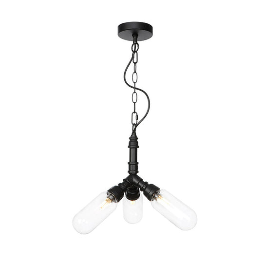 Elisa - Vintage Vintage Water Pipe Chandelier Pendant Light 2/3/4-Light Iron LED Hanging Ceiling Lamp in Black with Capsule Clear Glass Shade