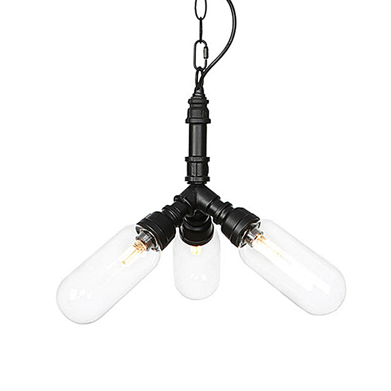 Elisa - Vintage Vintage Water Pipe Chandelier Pendant Light 2/3/4-Light Iron LED Hanging Ceiling Lamp in Black with Capsule Clear Glass Shade