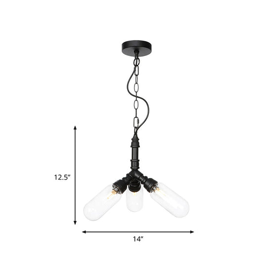 Elisa - Vintage Vintage Water Pipe Chandelier Pendant Light 2/3/4-Light Iron LED Hanging Ceiling Lamp in Black with Capsule Clear Glass Shade