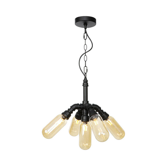 Laura - Antiqued 2/3/5 Heads Metal Hanging Light  Antiqued Black Finish Sputnik Pipe Bar Chandelier with Capsule Amber Glass Shade