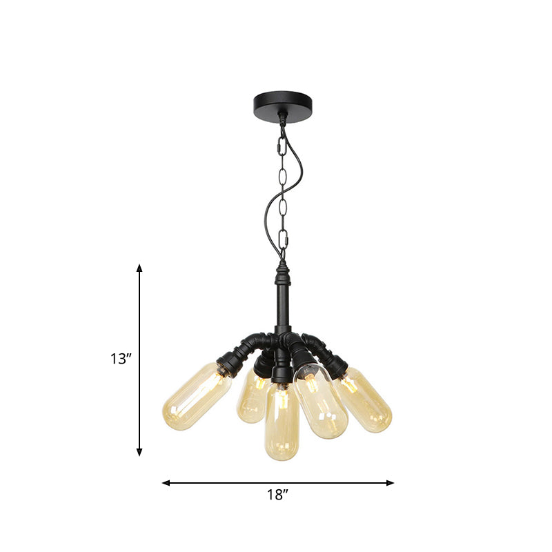 Laura - Antiqued 2/3/5 Heads Metal Hanging Light  Antiqued Black Finish Sputnik Pipe Bar Chandelier with Capsule Amber Glass Shade