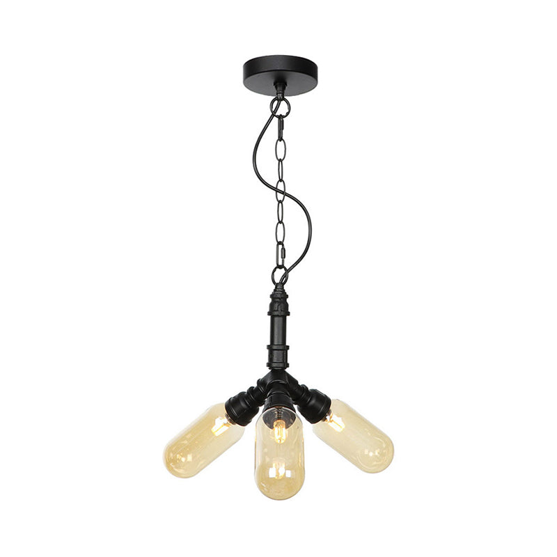 Laura - Antiqued 2/3/5 Heads Metal Hanging Light  Antiqued Black Finish Sputnik Pipe Bar Chandelier with Capsule Amber Glass Shade