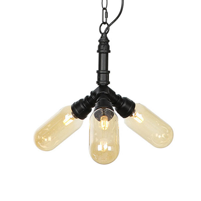 Laura - Antiqued 2/3/5 Heads Metal Hanging Light  Antiqued Black Finish Sputnik Pipe Bar Chandelier with Capsule Amber Glass Shade