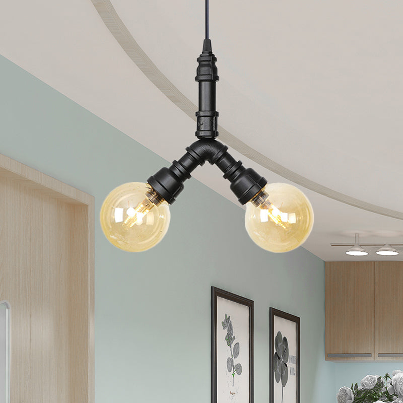 Maasym - Antiqued 2/3/4-Bulb Chandelier Antiqued Coffee House LED Ceiling Pendant Light with Sphere Amber Glass Shade in Black