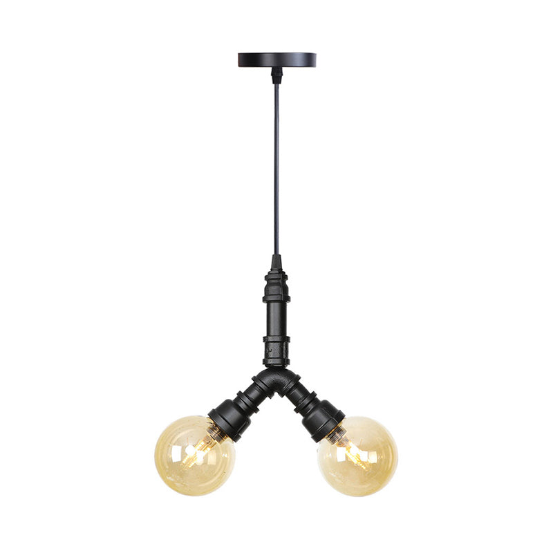 Maasym - Antiqued 2/3/4-Bulb Chandelier Antiqued Coffee House LED Ceiling Pendant Light with Sphere Amber Glass Shade in Black