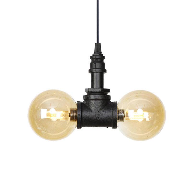 Maasym - Antiqued 2/3/4-Bulb Chandelier Antiqued Coffee House LED Ceiling Pendant Light with Sphere Amber Glass Shade in Black