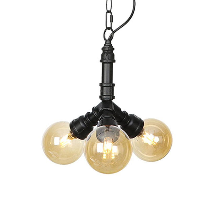 Maasym - Antiqued 2/3/4-Bulb Chandelier Antiqued Coffee House LED Ceiling Pendant Light with Sphere Amber Glass Shade in Black