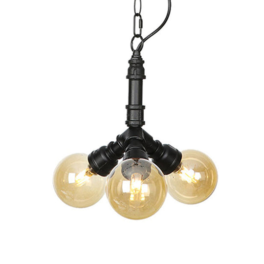 Maasym - Antiqued 2/3/4-Bulb Chandelier Antiqued Coffee House LED Ceiling Pendant Light with Sphere Amber Glass Shade in Black