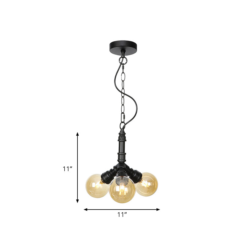 Maasym - Antiqued 2/3/4-Bulb Chandelier Antiqued Coffee House LED Ceiling Pendant Light with Sphere Amber Glass Shade in Black