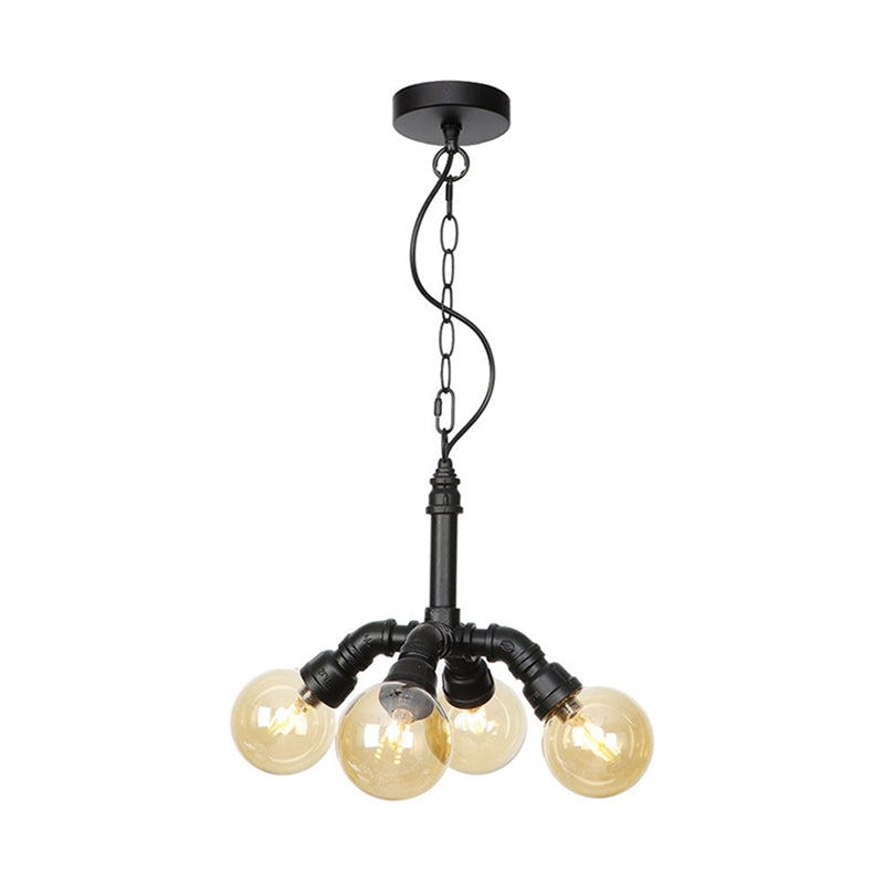 Maasym - Antiqued 2/3/4-Bulb Chandelier Antiqued Coffee House LED Ceiling Pendant Light with Sphere Amber Glass Shade in Black