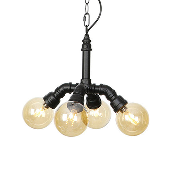 Maasym - Antiqued 2/3/4-Bulb Chandelier Antiqued Coffee House LED Ceiling Pendant Light with Sphere Amber Glass Shade in Black