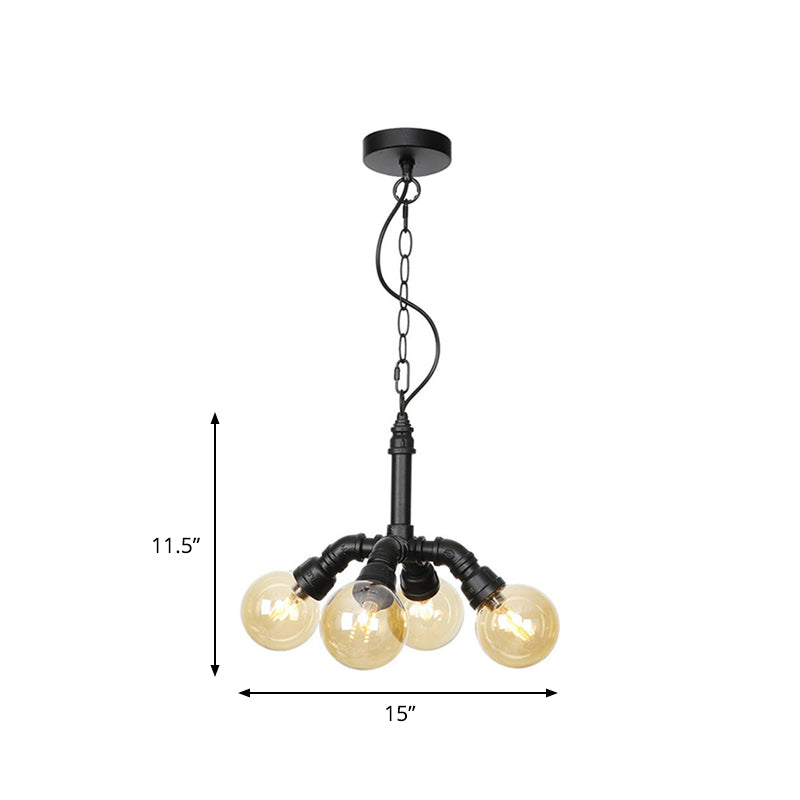 Maasym - Antiqued 2/3/4-Bulb Chandelier Antiqued Coffee House LED Ceiling Pendant Light with Sphere Amber Glass Shade in Black