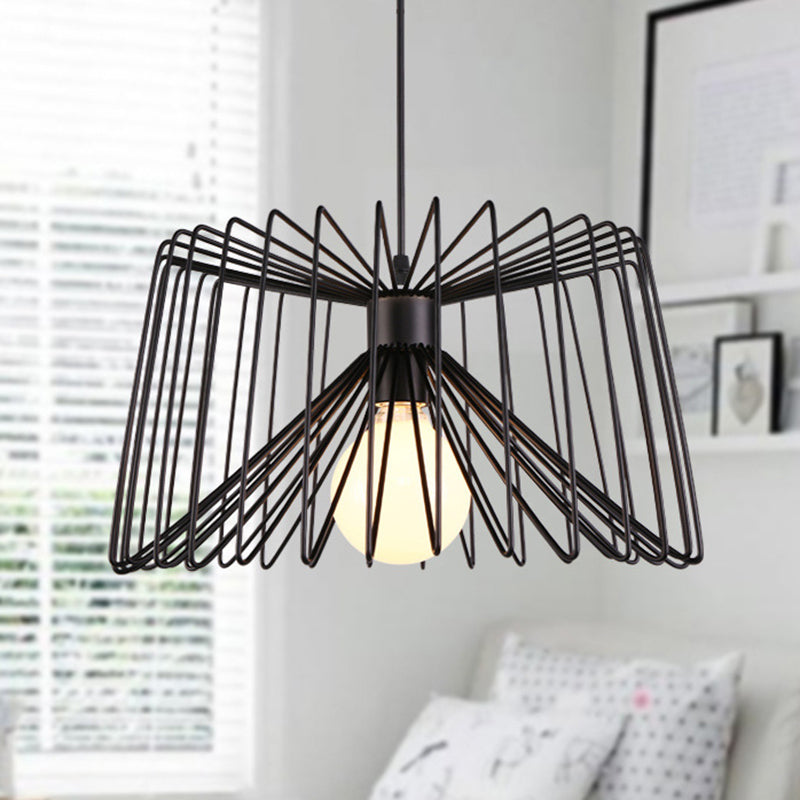 Industrial Metal Hanging Lamp with Adjustable Cord - Black/White Cage Shade - Living Room Ceiling Light