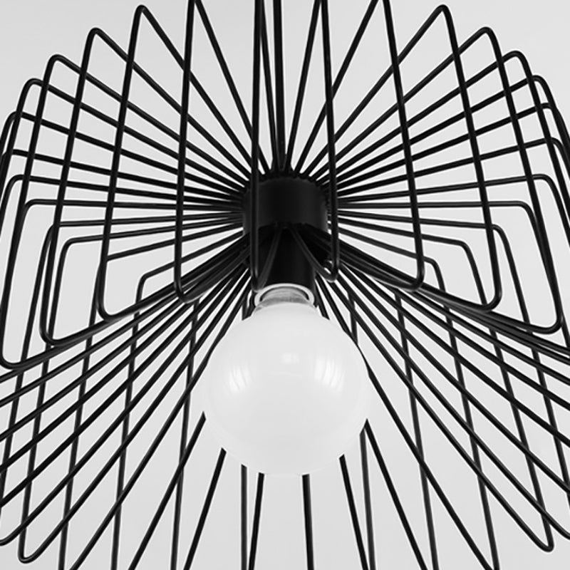 Industrial Metal Hanging Lamp with Adjustable Cord - Black/White Cage Shade - Living Room Ceiling Light