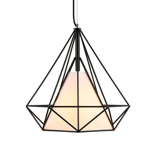 Antique Style Diamond Cage Hanging Light With Fabric Shade And Metal Ceiling Fixture