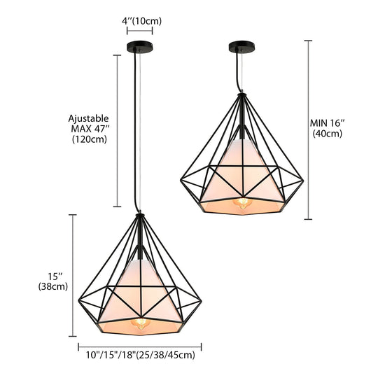 Antique Style Diamond Cage Hanging Light with Fabric Shade - White/Brown Metal Ceiling Fixture [10/15/18]