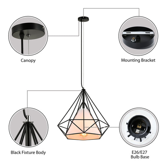 Antique Style Diamond Cage Hanging Light with Fabric Shade - White/Brown Metal Ceiling Fixture [10/15/18]