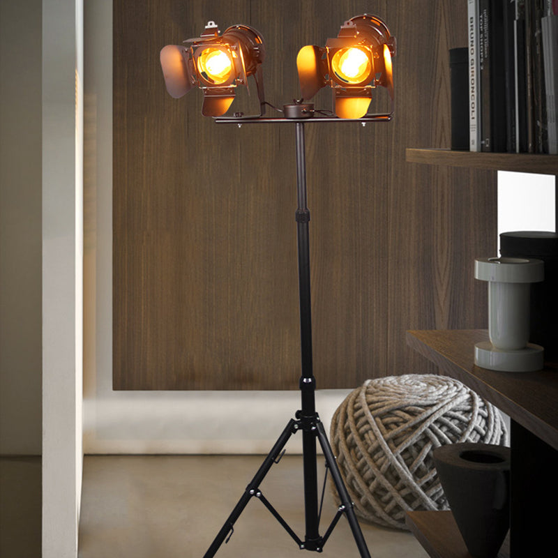 Industrial Metal Tripod Floor Lamp With 2 Lights - Black/Red Shades Ideal For Living Room