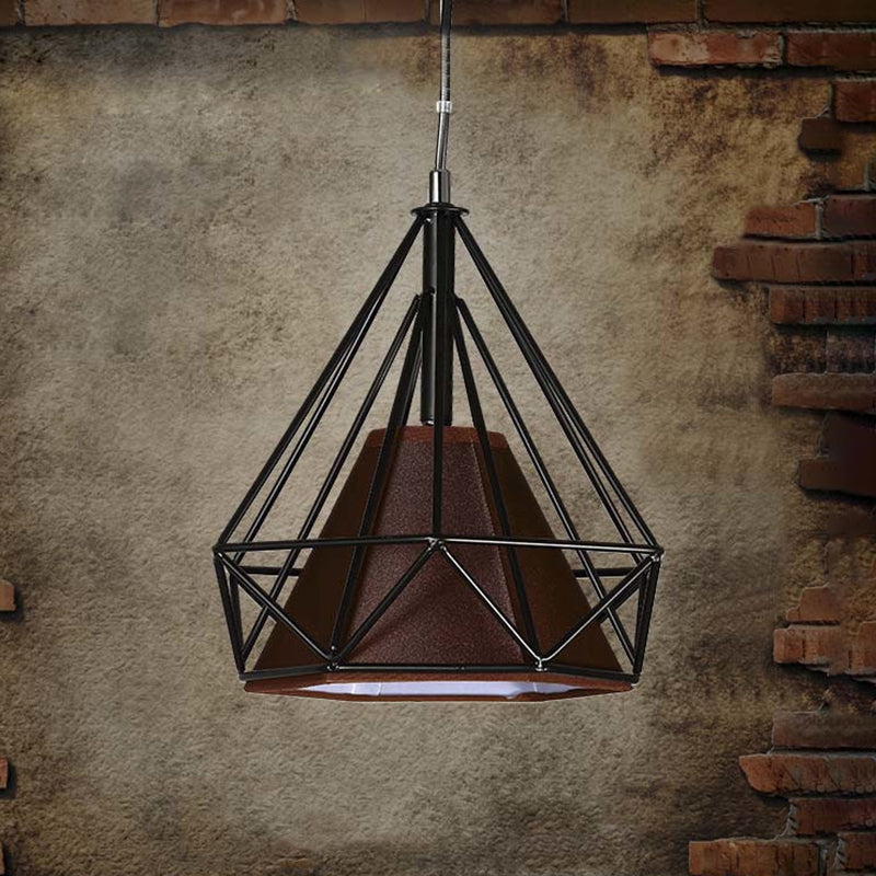 Antique Style Diamond Cage Hanging Light With Fabric Shade And Metal Ceiling Fixture Black-Brown /