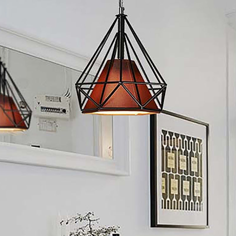 Antique Style Diamond Cage Hanging Light With Fabric Shade And Metal Ceiling Fixture