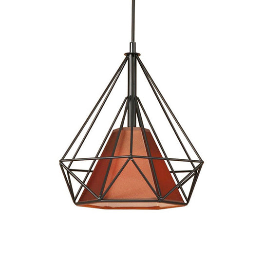 Antique Style Diamond Cage Hanging Light with Fabric Shade - White/Brown Metal Ceiling Fixture [10/15/18]