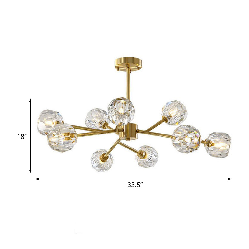 Modern Crystal Global Chandelier – 9-Light Brass Branch Pendant Lamp