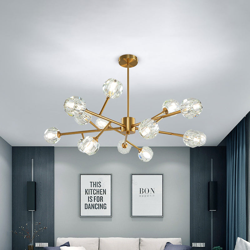 Modernist Gold Ceiling Chandelier with Crystal Shade - 15-Bulb Living Room Suspension Light