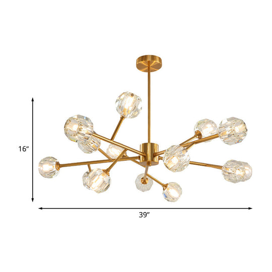 Modernist Gold Ceiling Chandelier with Crystal Shade - 15-Bulb Living Room Suspension Light