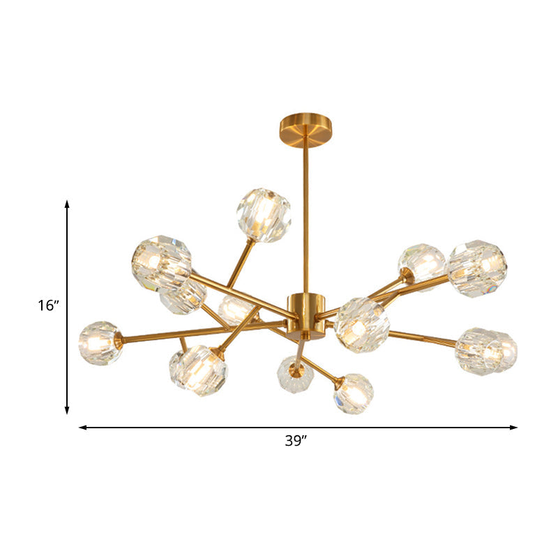 Modernist Gold Ceiling Chandelier With Crystal Shade - 15-Bulb Living Room Suspension Light