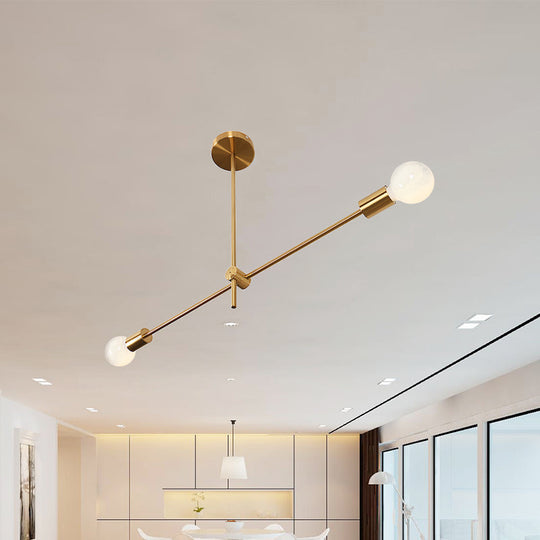 Modern Brass Linear Hanging Light Kit - 2-Bulb Metallic Chandelier Pendant Lamp For Living Room