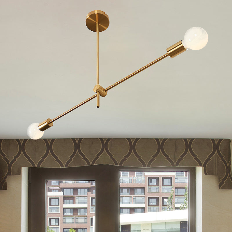 Modern Brass Linear Hanging Light Kit - 2-Bulb Metallic Chandelier Pendant Lamp For Living Room