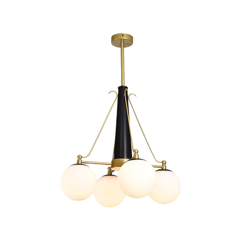 Frosted White Glass Pendant Chandelier - Modernist Sphere Design, 4 Heads - Brass and Black Finish