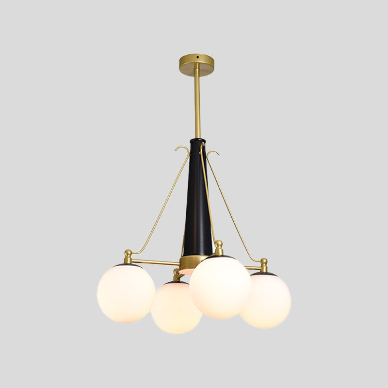 Frosted White Glass Pendant Chandelier - Modernist Sphere Design, 4 Heads - Brass and Black Finish