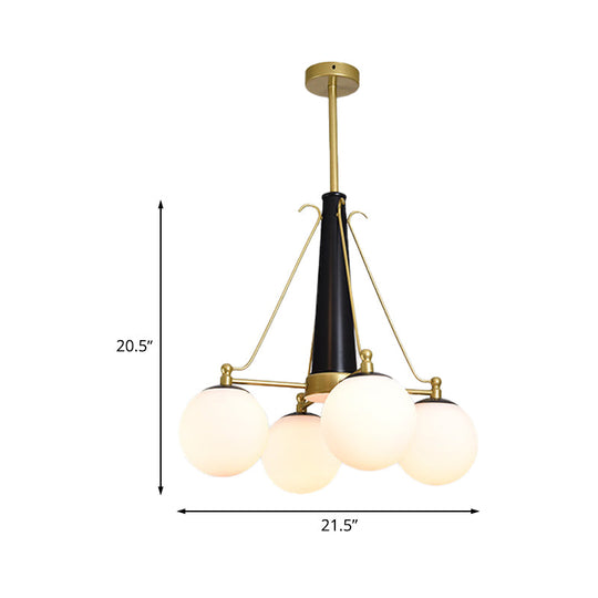 Frosted White Glass Pendant Chandelier - Modernist Sphere Design, 4 Heads - Brass and Black Finish