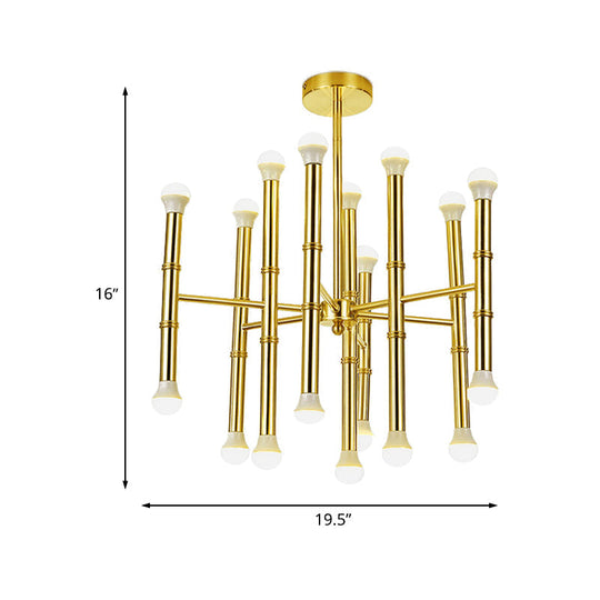 Lustre tubulaire élégant en or - Plafonnier moderne métallique à 18 ampoules pour salon