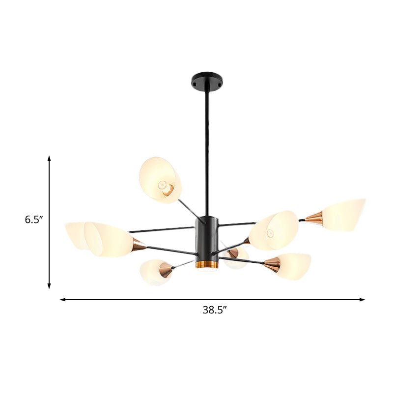 Lustre noir moderne - Luminaire suspendu de salon à 8 têtes avec abat-jour en verre floral