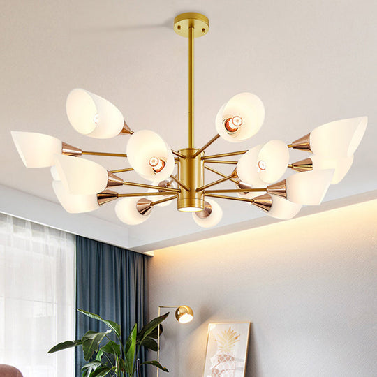 16-Bulb White Frosted Glass Chandelier - Post Modern Gold Floral Ceiling Lamp