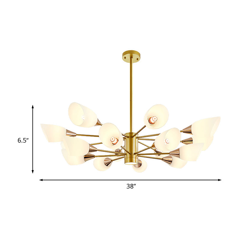 16-Bulb White Frosted Glass Chandelier - Post Modern Gold Floral Ceiling Lamp