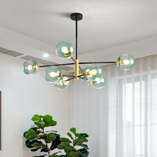 Modern 8-Light Brass Pendant Chandelier With Blue Glass Shade