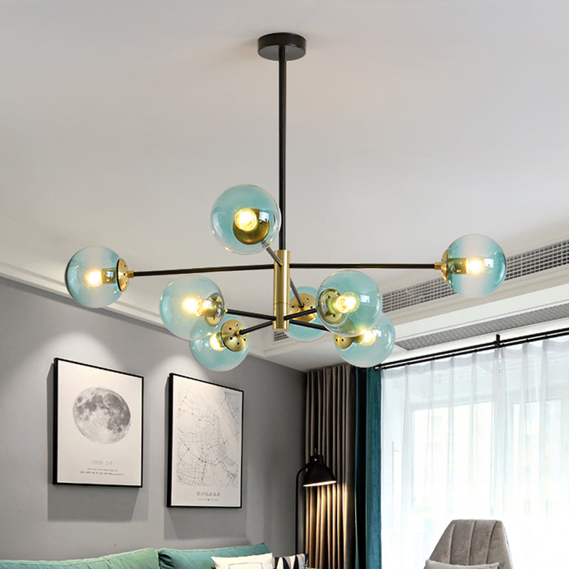 Modern 8-Light Brass Pendant Chandelier With Blue Glass Shade