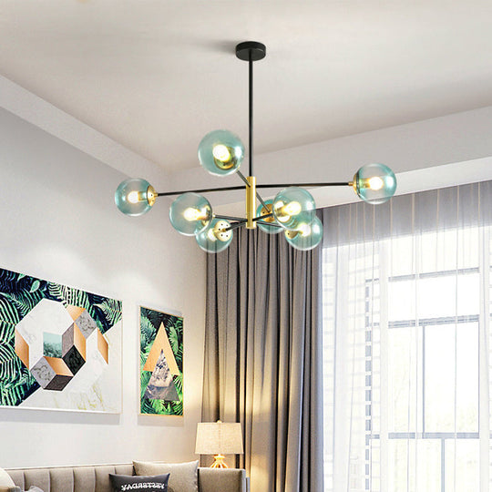 Modern 8-Light Brass Pendant Chandelier With Blue Glass Shade