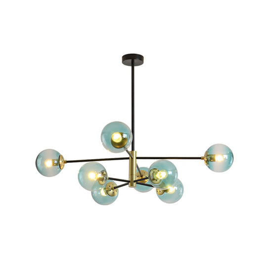 Modern 8-Light Brass Pendant Chandelier With Blue Glass Shade