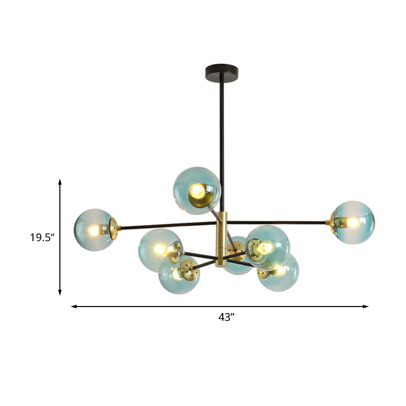 Modern 8-Light Brass Pendant Chandelier With Blue Glass Shade