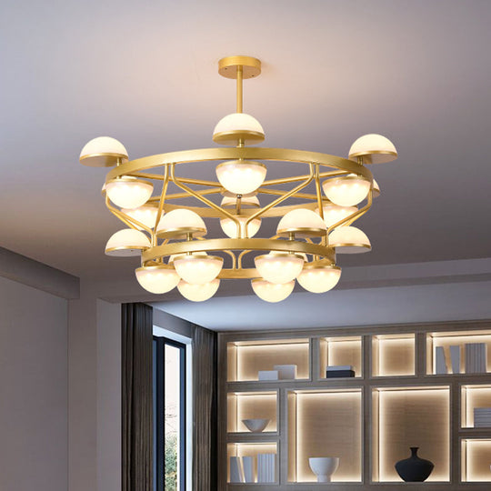 Lustre semi-circulaire moderniste doré à 24 ampoules pour plafond de salon - Suspension en verre crème