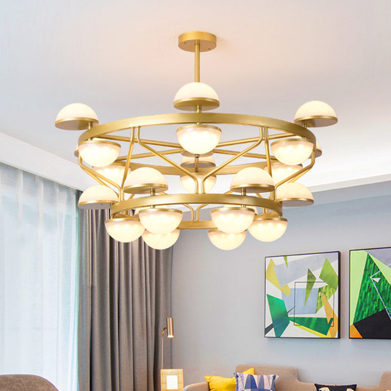 Modernist Gold Semicircle Chandelier Pendant Light For Living Room - Cream Glass 24-Bulb Ceiling