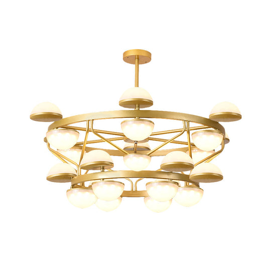 Lustre semi-circulaire moderniste doré à 24 ampoules pour plafond de salon - Suspension en verre crème