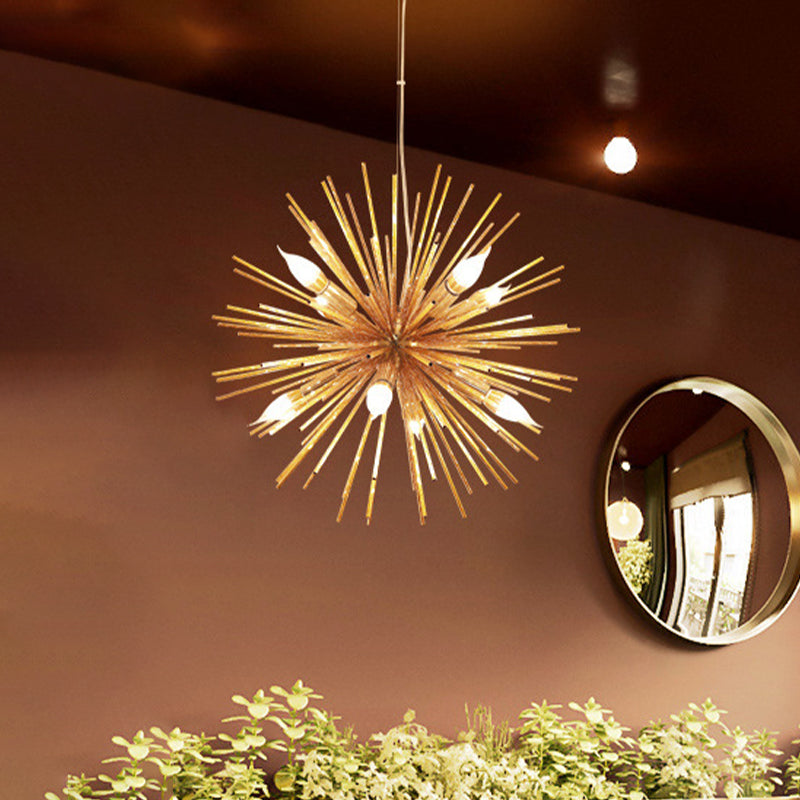 Gold Modern Sea Urchin Hanging Lamp - 12-Light Aluminum Chandelier for Restaurants