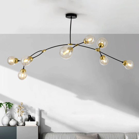 Modern Amber Glass 8-Head Globe Chandelier: Sleek Black Linear Pendant Lamp For Living Room