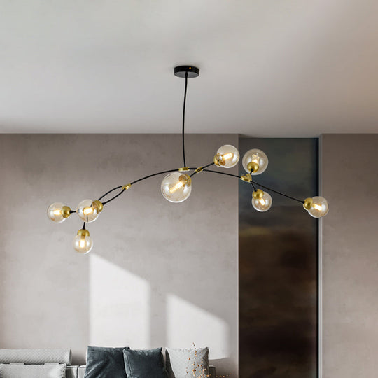 Modern Amber Glass 8-Head Globe Chandelier: Sleek Black Linear Pendant Lamp For Living Room